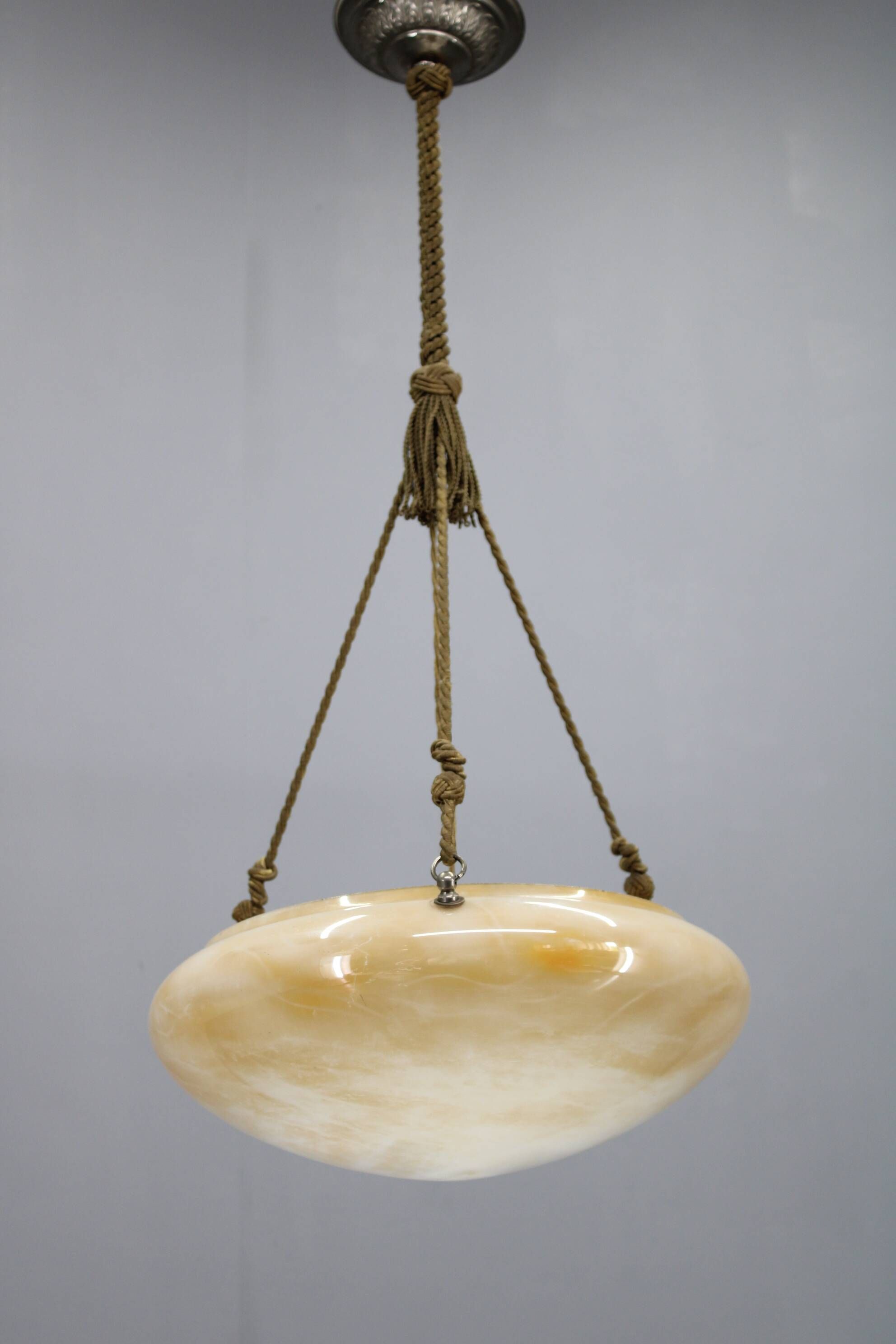 1930s European Secession–Art Deco pendant light with rope suspension and glass
