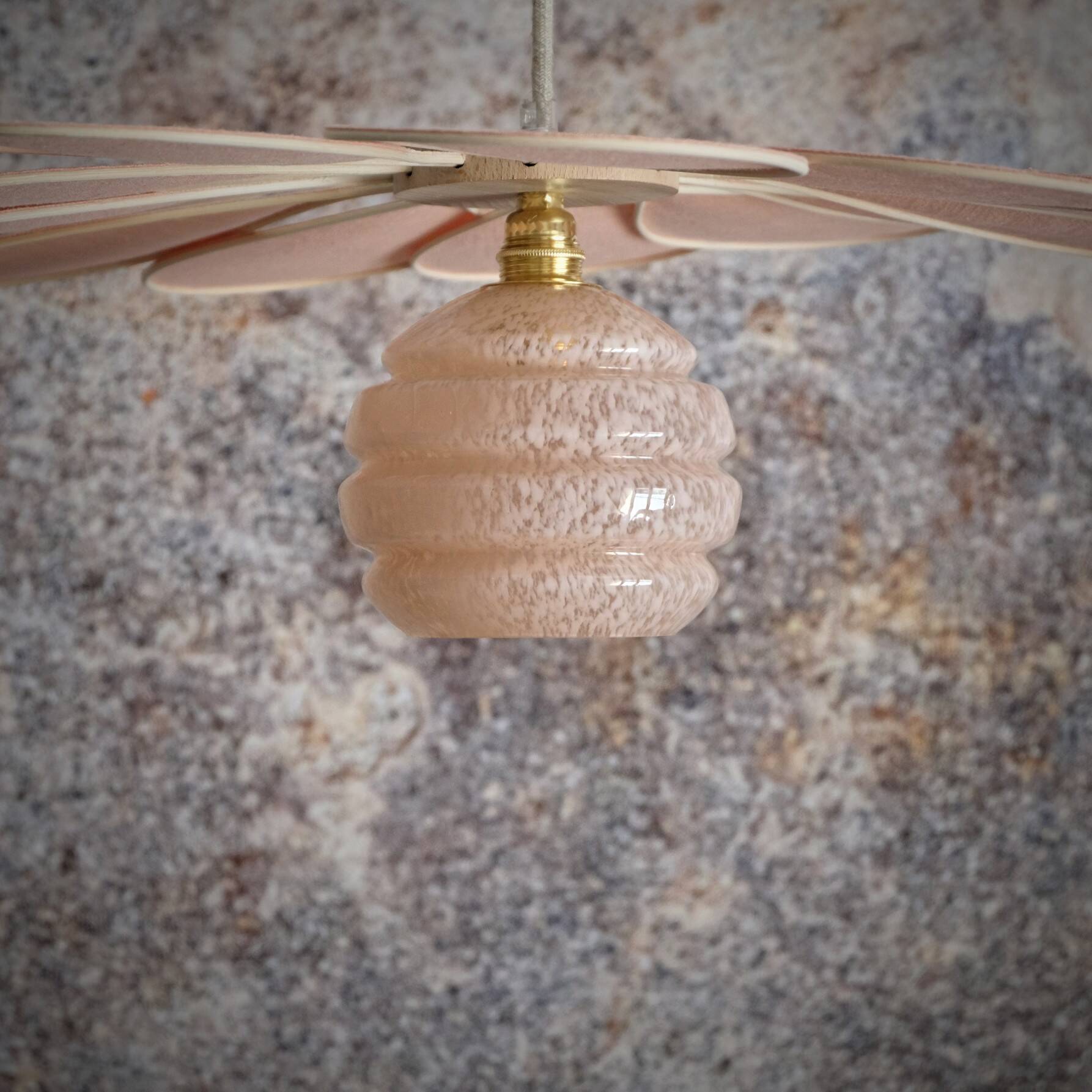 Rattan and Pink Linen Flower Pendant Light and Vintage Clichy Glass Globe