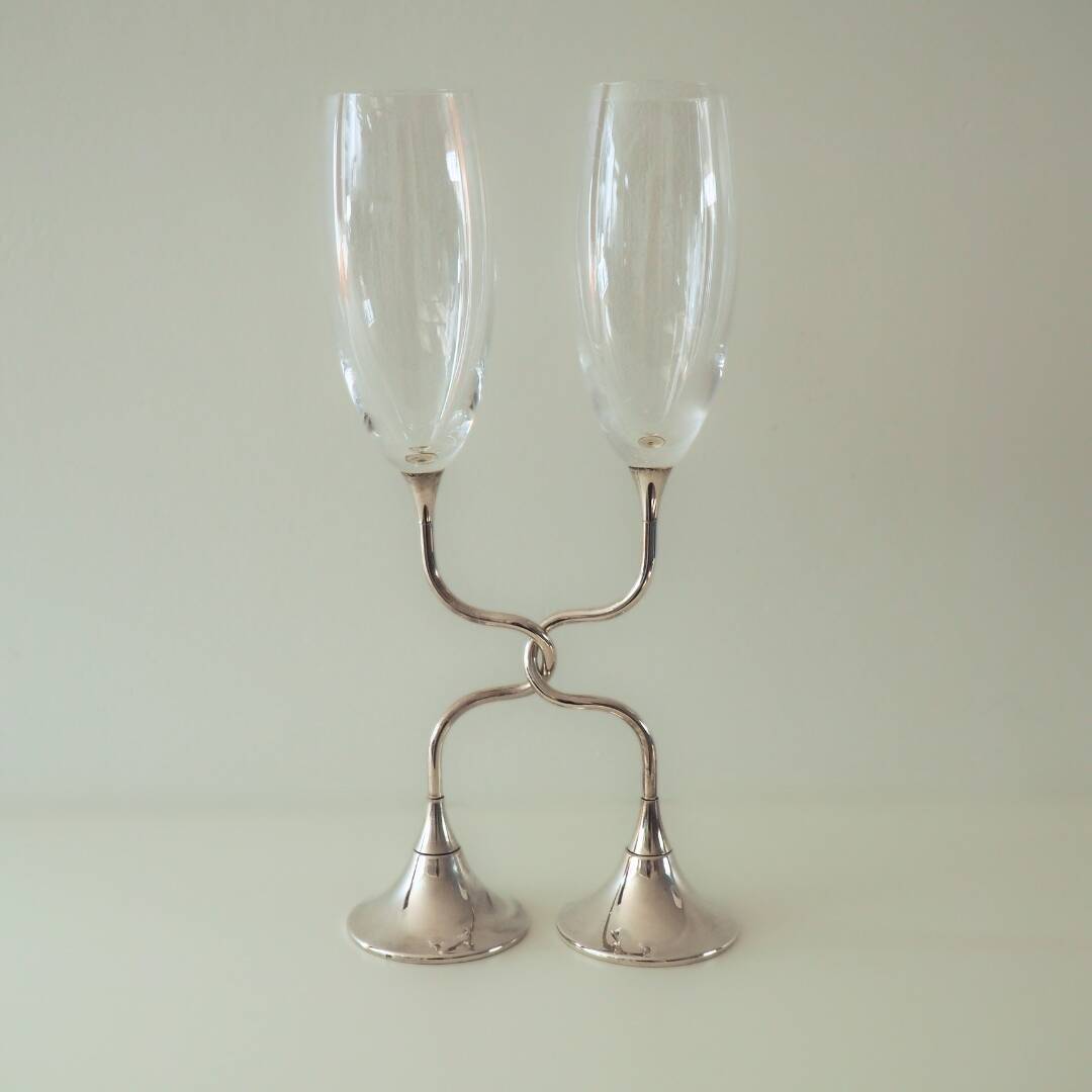 Vintage Pair of Crystal Silver Wedding Anniversary Champagne Flutes