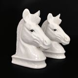 Pair of vintage white ceramic weighted horse bookends. 80 years