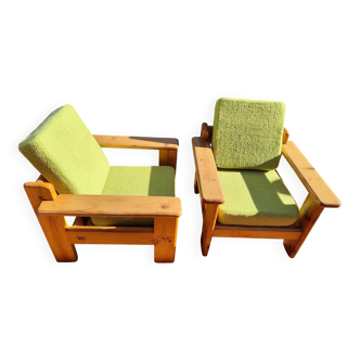 Pair of vintage brutalist lounge chairs in solid pine, 1980s DLG Regain