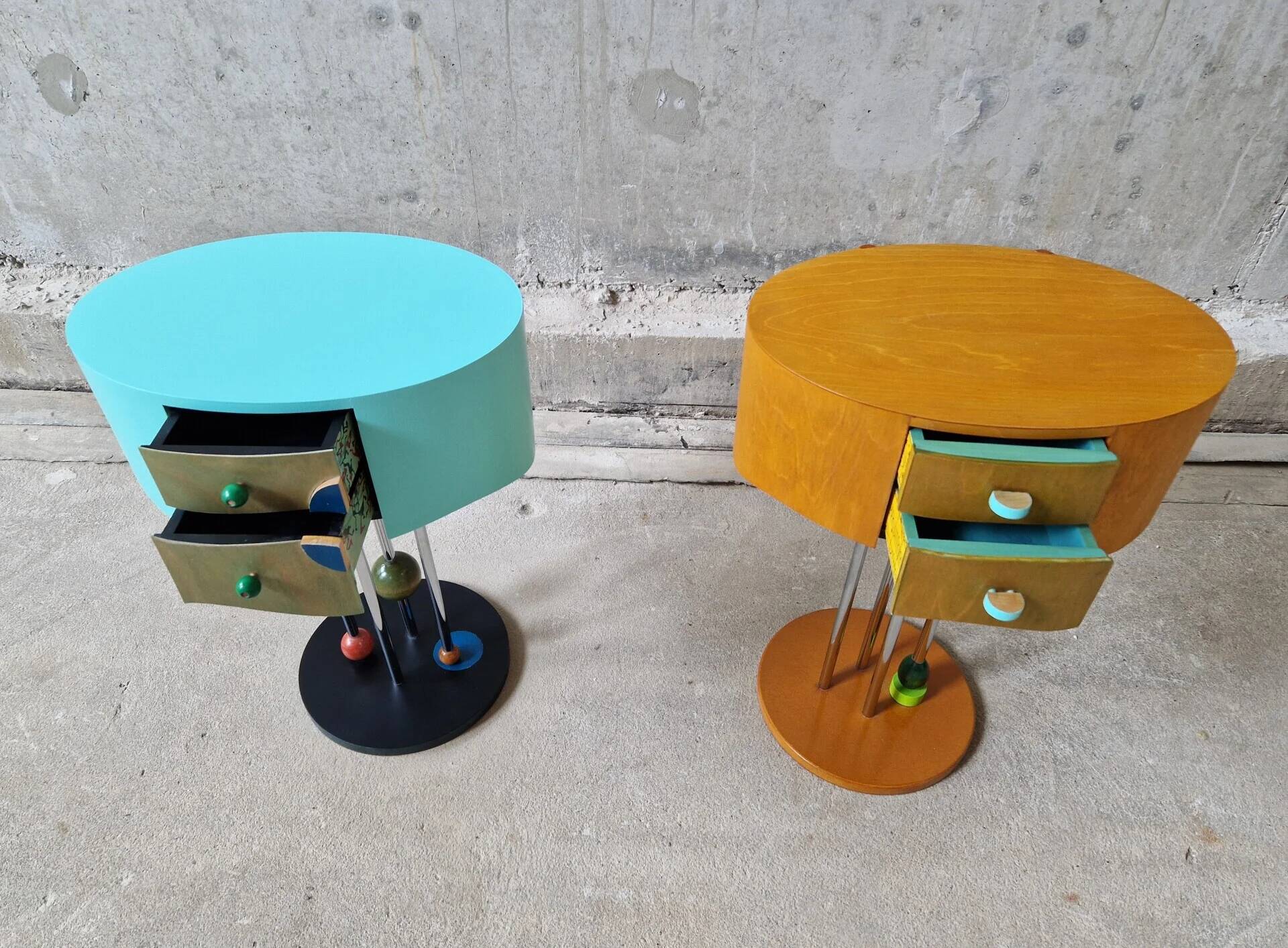 Pair of postmodern Memphis Milano style side tables, 1980s