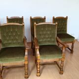 Set of 6 Louis XIII chairs in Oak and Moss Green Velvet - Vintage 1970