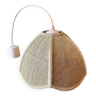 70s/80s pendant lamp in green rattan and embroidery