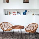 Ensemble fauteuils "soleil" et table en rotin des années 50