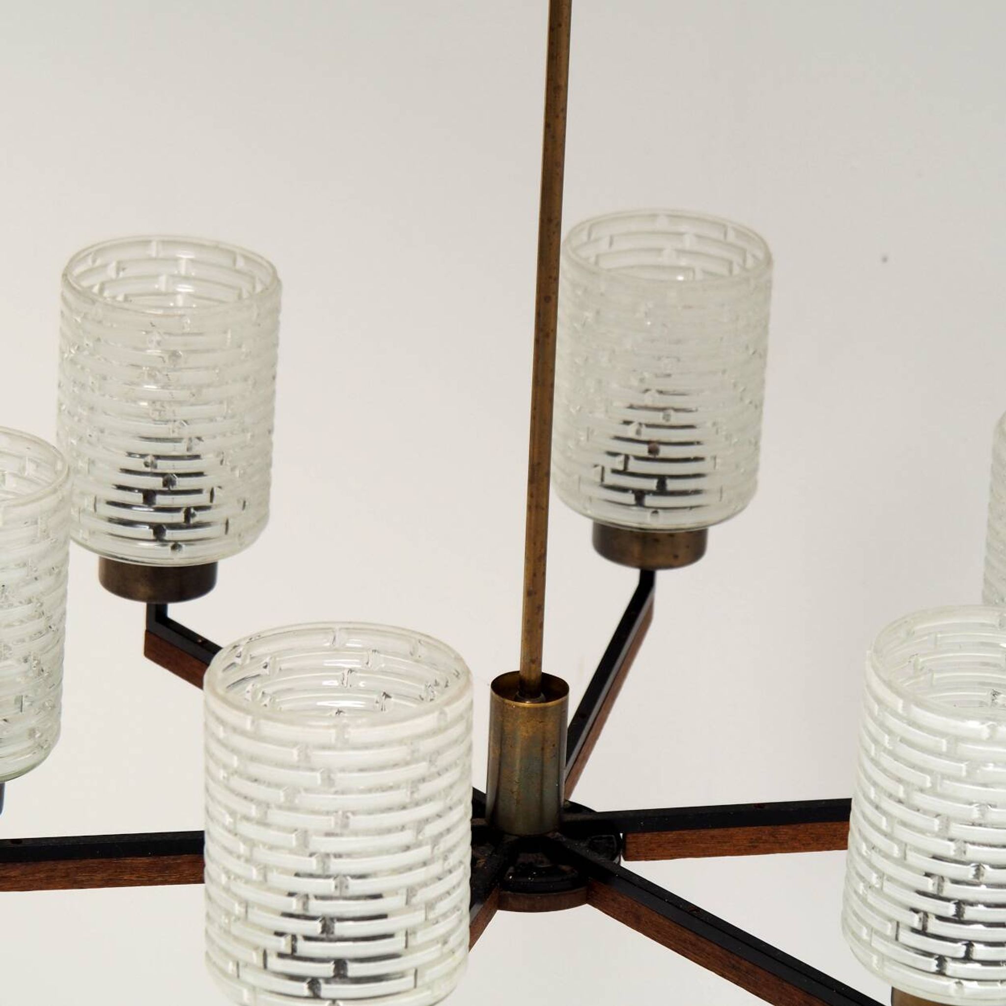 Vintage Philips 6-Light Chandelier in Brass, Teak & Black Metal