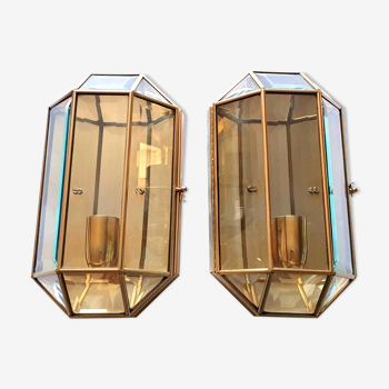 Duo of brass sconces beveled glasses