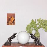 Art deco lamp, marble, globe, opaline and greyhounds in regulation, 1930