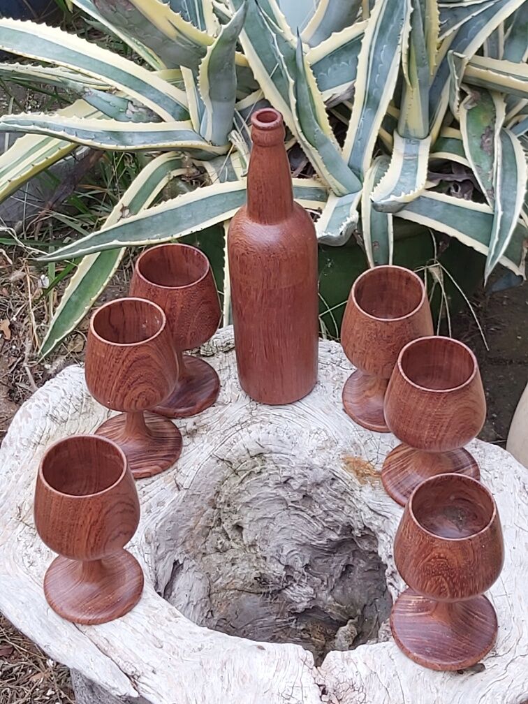 Scandinavian bottle and teak glass service