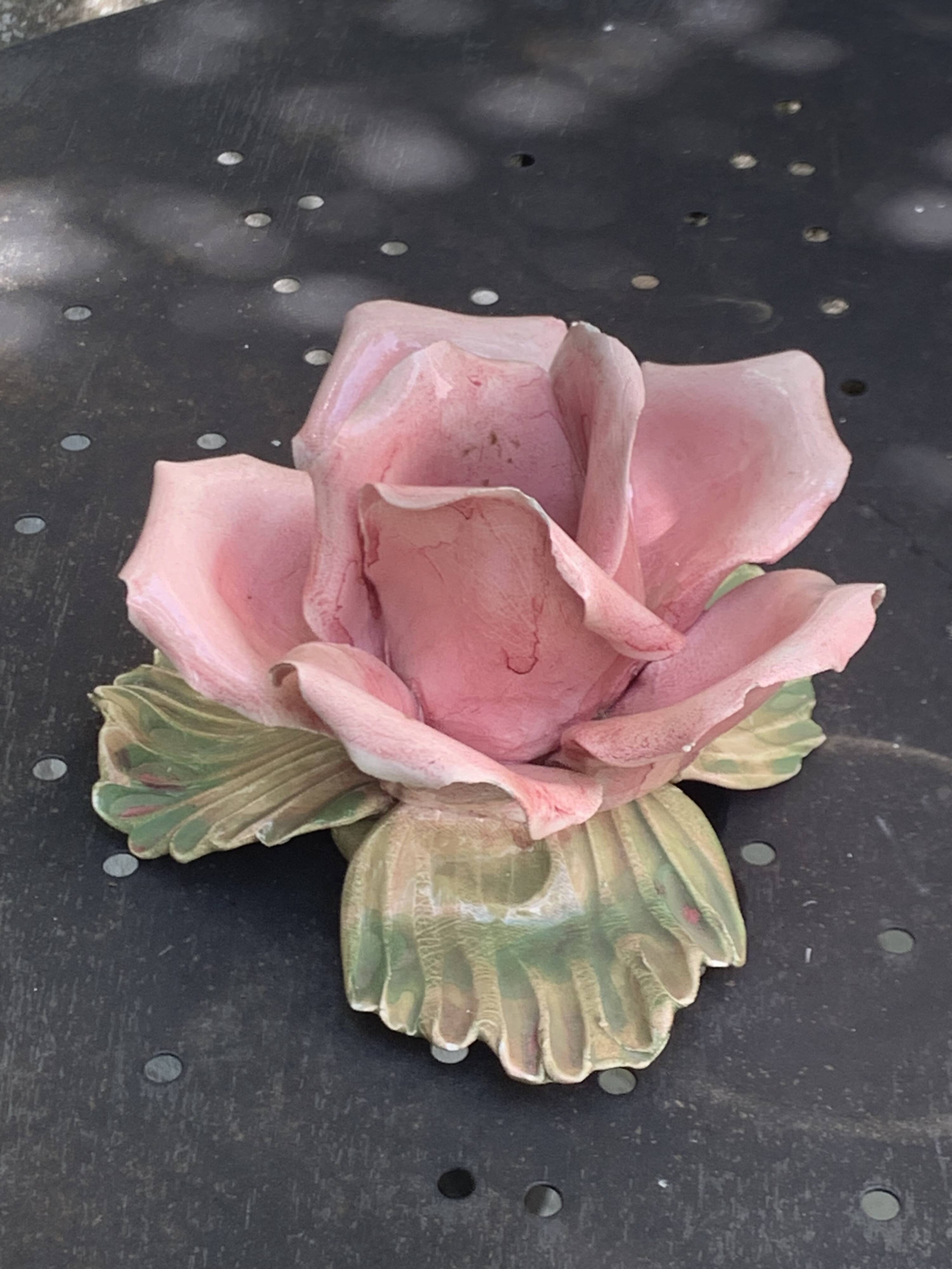 Pink candle holder in slip, old biscuit