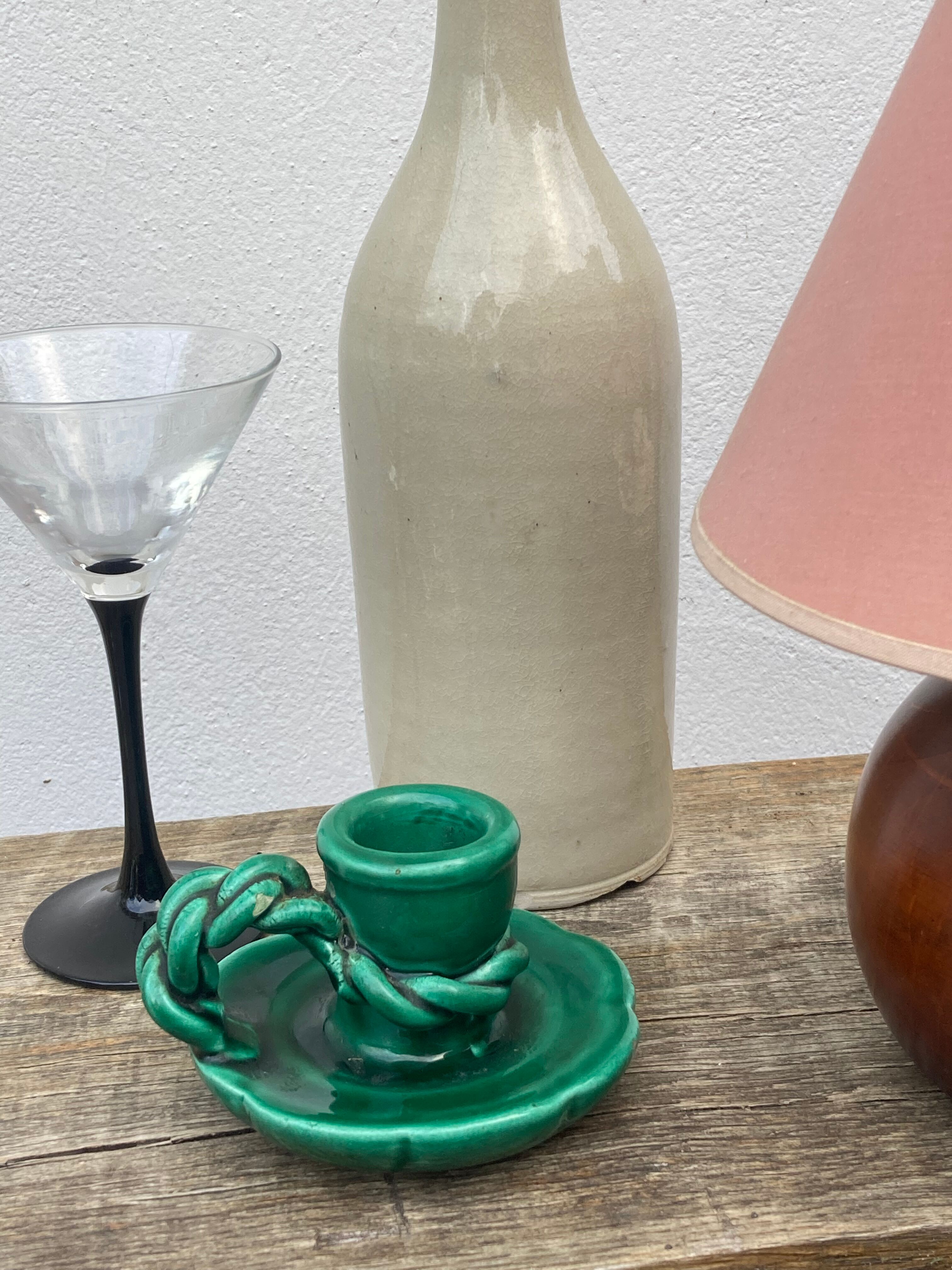 Vallauris candle holder in vintage green ceramic 1970