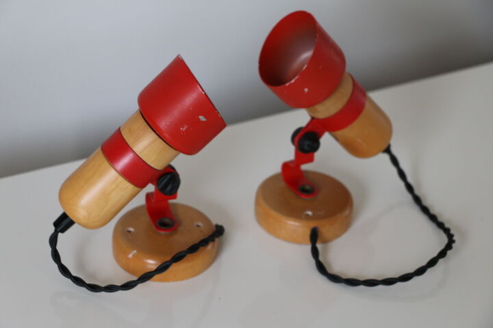 Pair of wall lamps wood and red metal