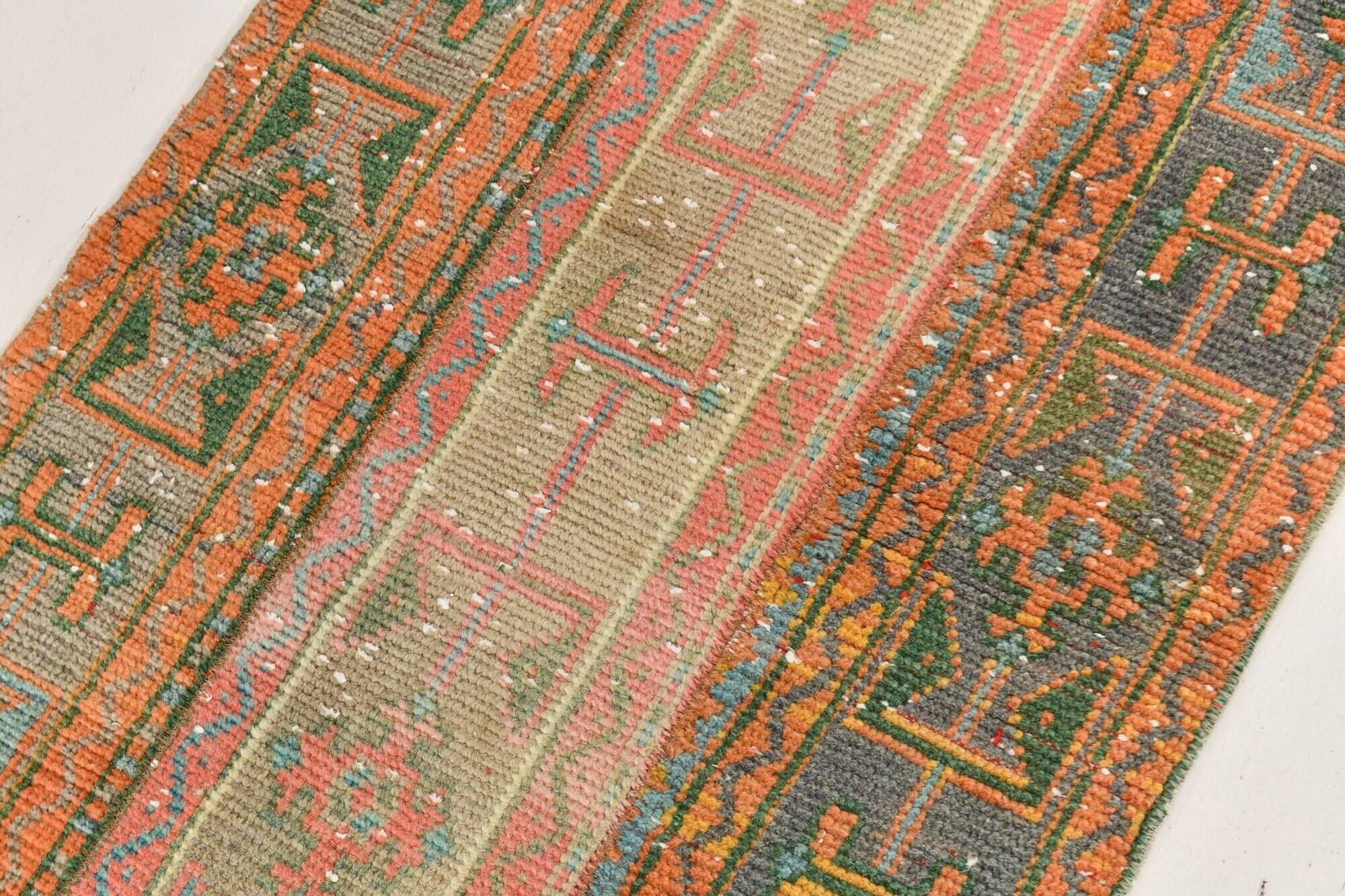 2x9 Vintage Coral Orange & Green Turkish Runner Rug, 70x275Cm