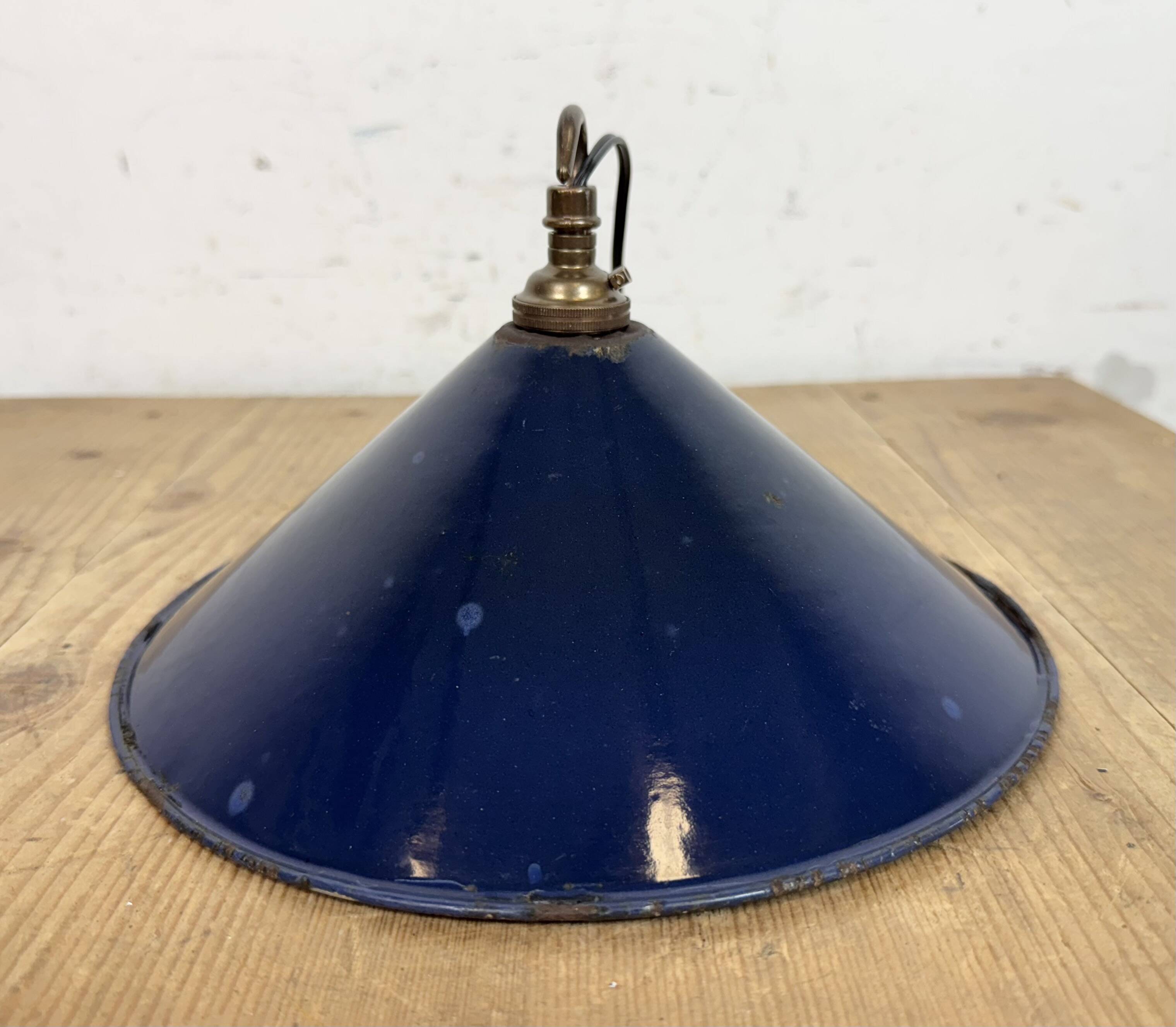 Industrial British Dark Blue Enamel Factory Pendant Lamp, 1950s