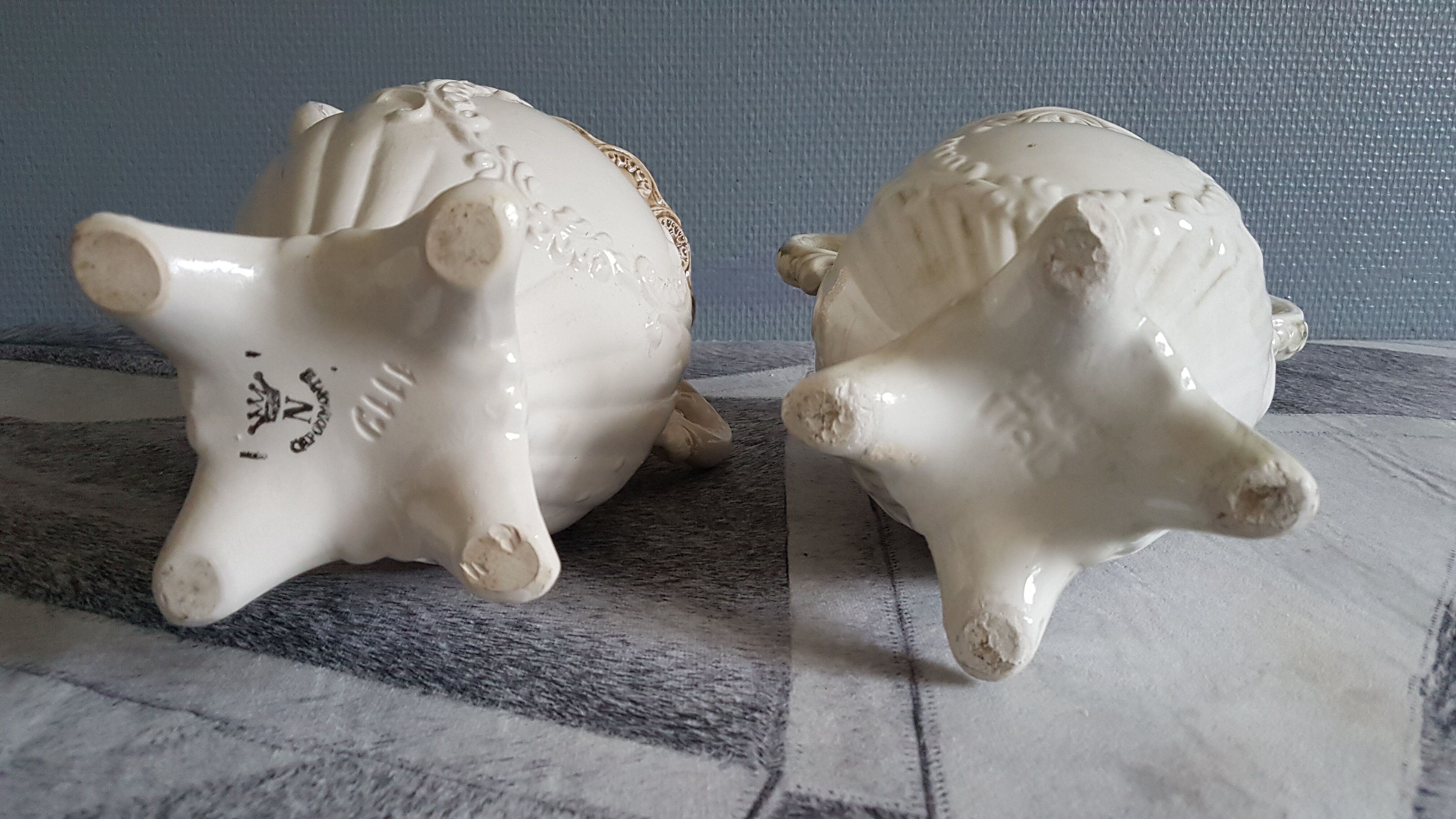White dabbling vases with capodimonte porcelain floral decoration