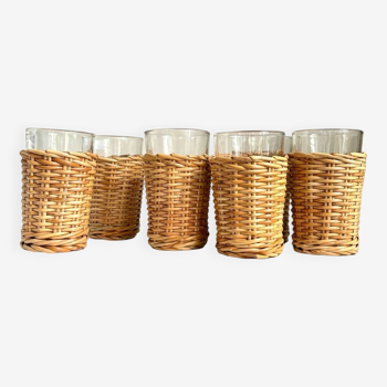 6 water glasses in woven wicker and transparent glass