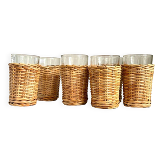 6 water glasses in woven wicker and transparent glass