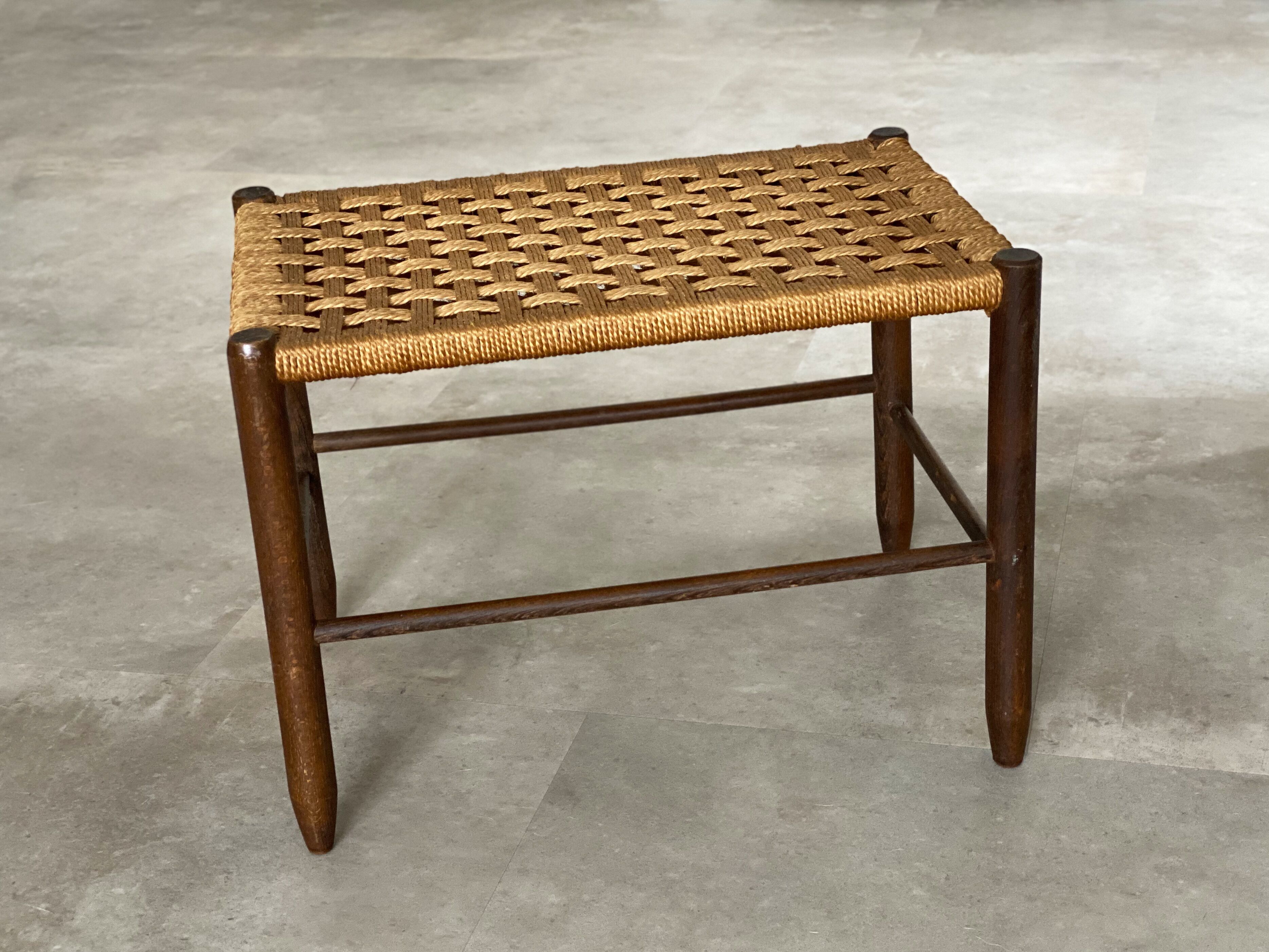 Mid Century wooden stool with a woven sisal seat