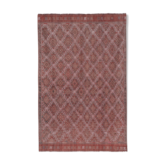 Handwoven Diamond Pattern Kilim Rug, Turkish Mid Century Embroidered Kilim