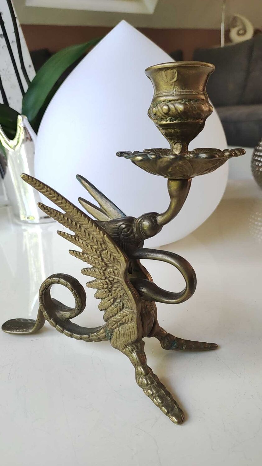 Pair of bougeoirs antiques dragons winged / chimeras / phoenix, style napoleon iii, 19th. in gilded bronze