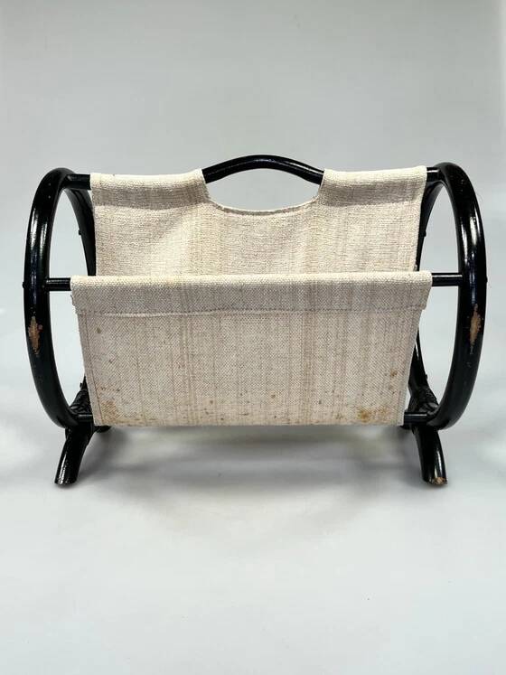 Vintage Round Magazine Rack / Reading Basket, Black Rattan, 1970's