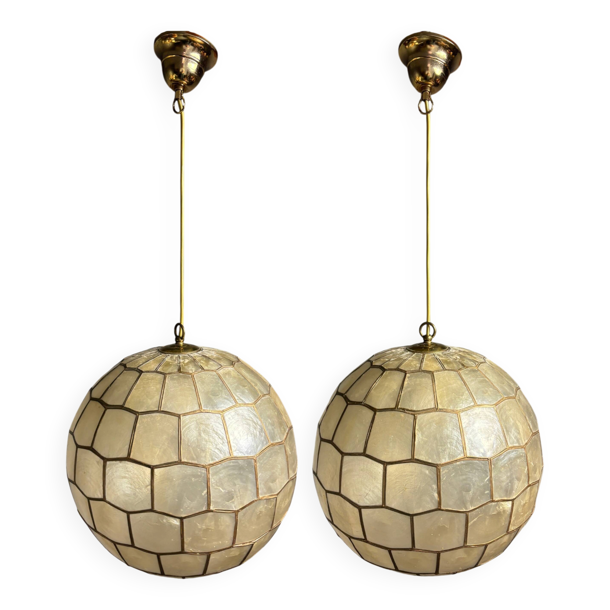 Pair midcentury mother of pearl Capiz large pendants, Feldman Lighting Co