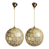 Pair midcentury mother of pearl Capiz large pendants, Feldman Lighting Co