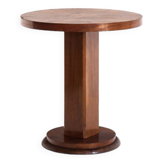 Art Deco style pedestal table in walnut wood veneer. France, 40's