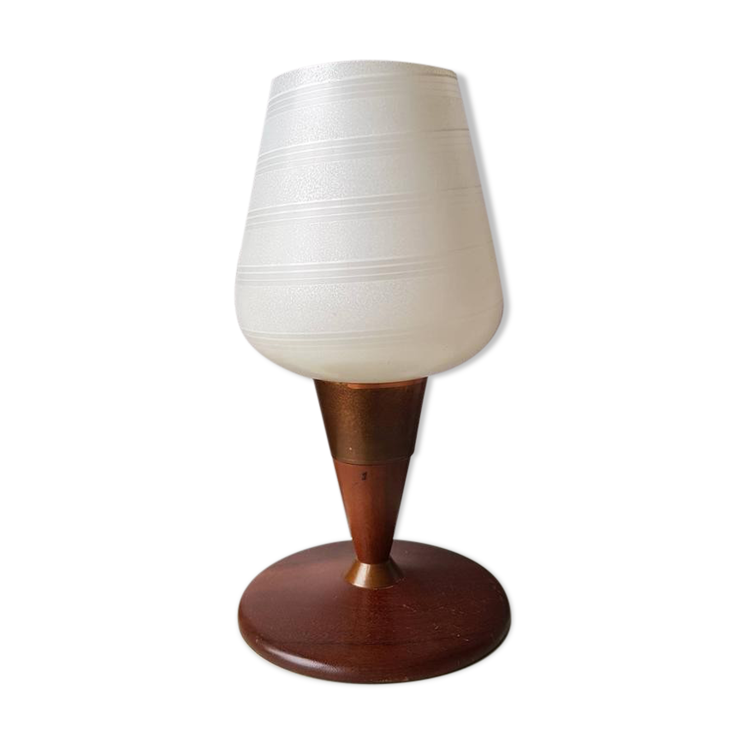 Vintage teak table lamp with 60s white glass lampshade