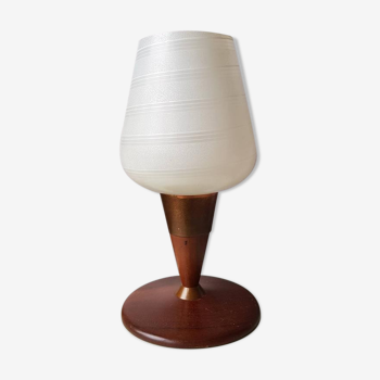 Vintage teak table lamp with 60s white glass lampshade