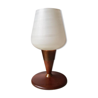 Vintage teak table lamp with 60s white glass lampshade