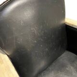 Pair of leather armchairs with marquetry armrests