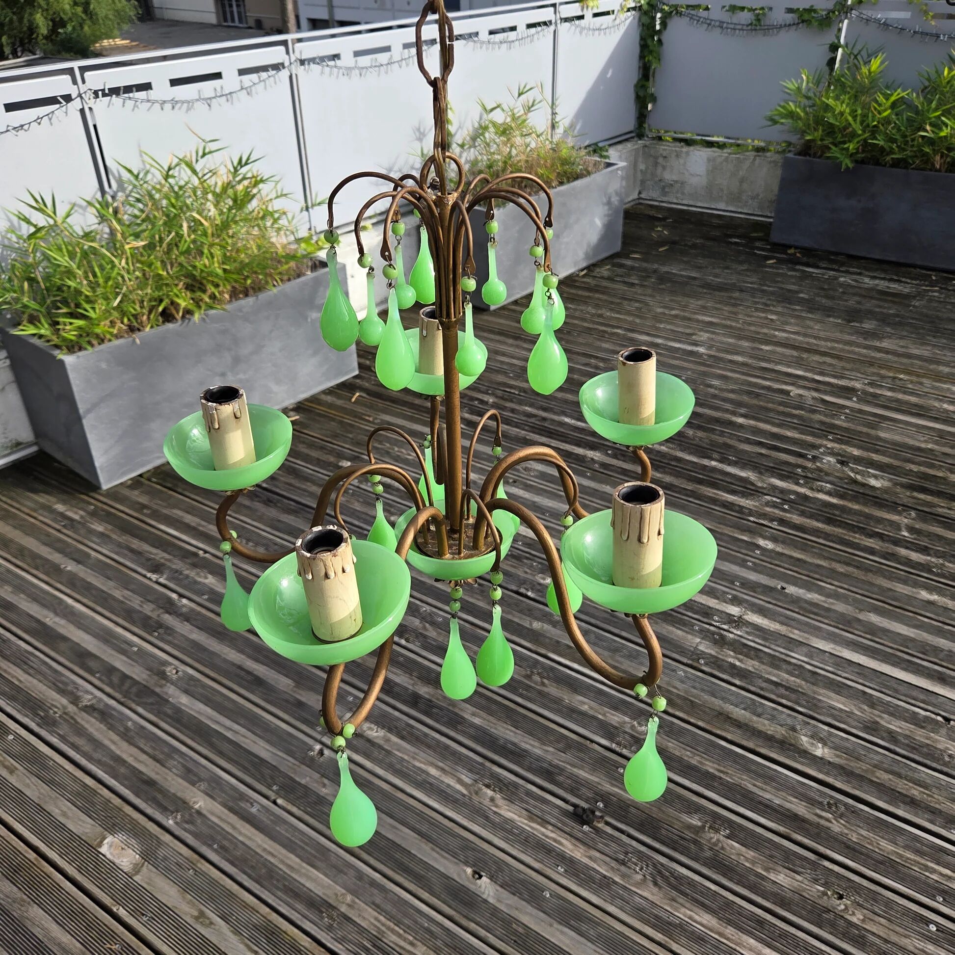 Italian chandelier with 5 lights in green opaline glass with uranium - ouraline