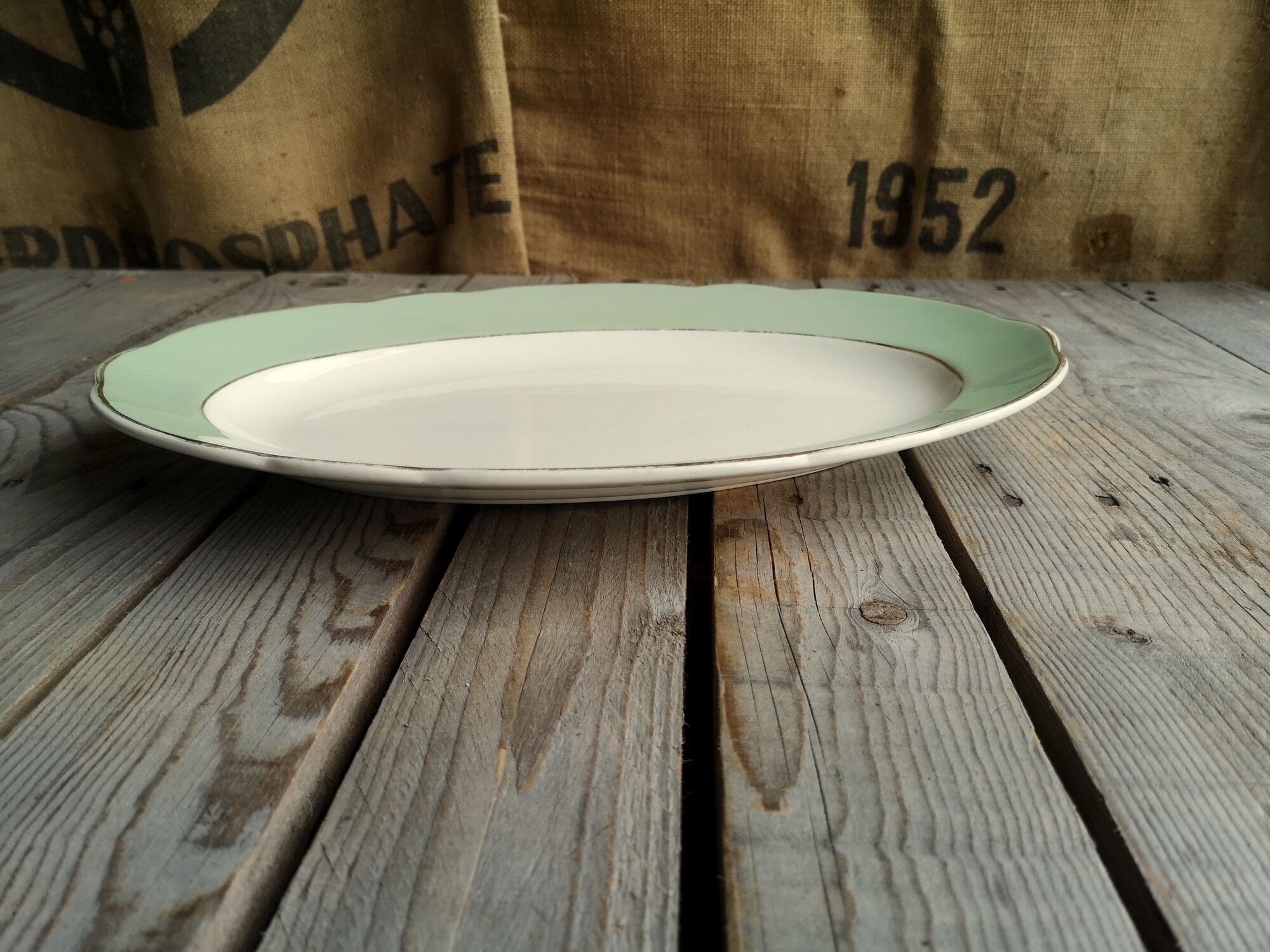 Oval Ceramics Plate Villeroy Boch Green Edge Mint and Gold