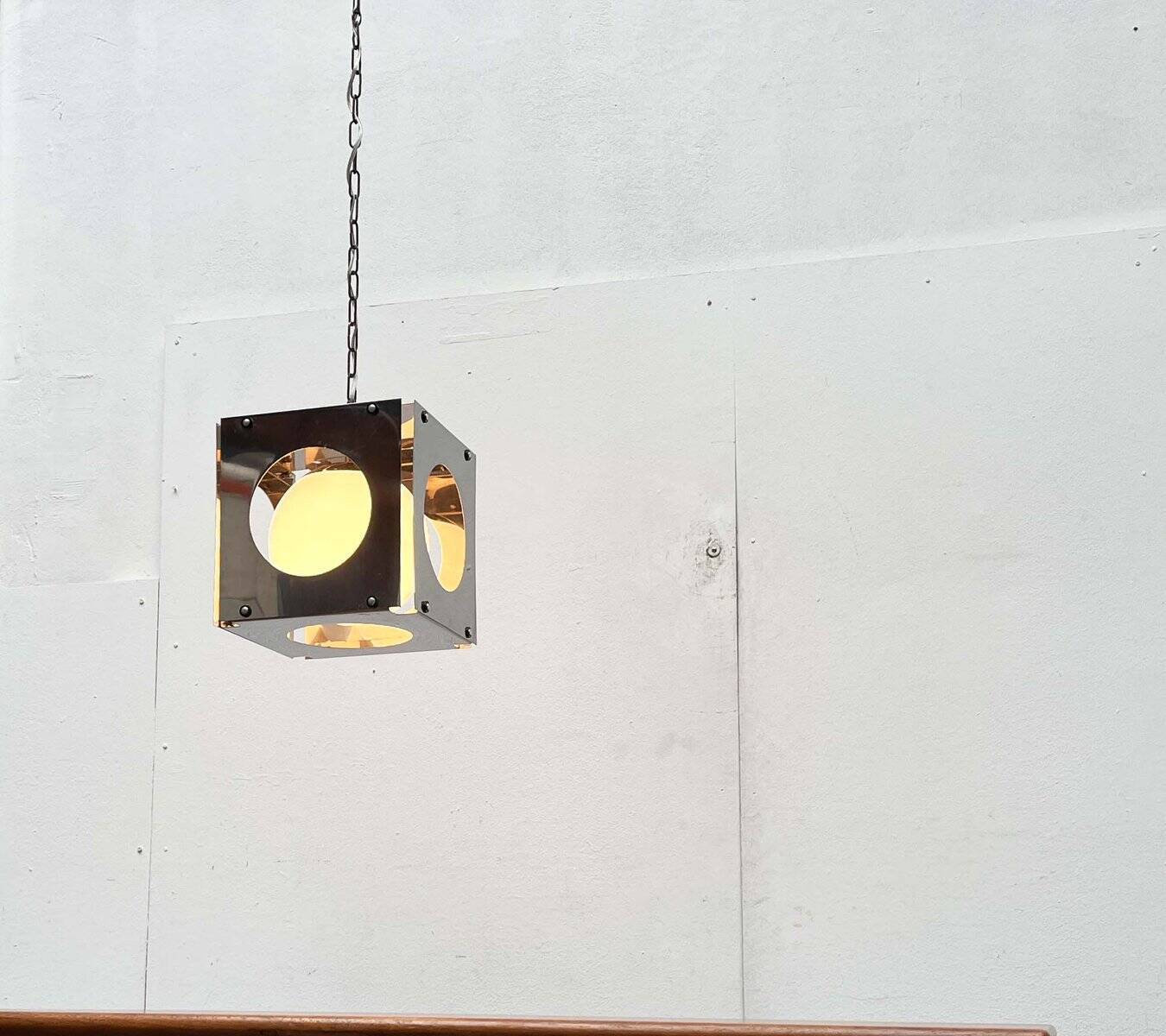 Metal and glass pendant lamp Cubo in Italian Space Age style from the mid-century by Tronconi, 1960s.