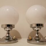 Pair of vintage chrome and opaline bedside lamps from the 1960s