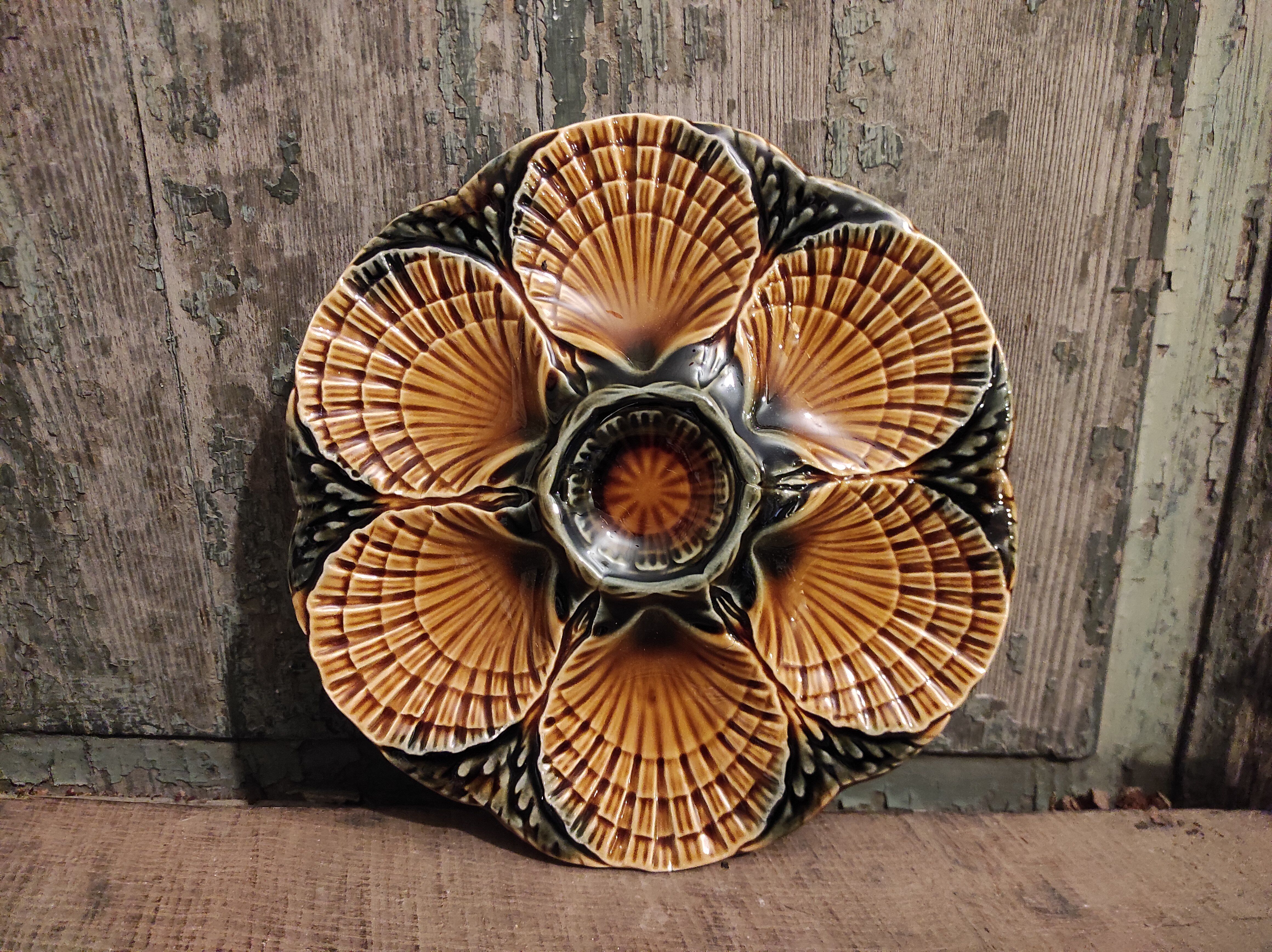 Vintage French majolica oyster plate from Sarreguemines
