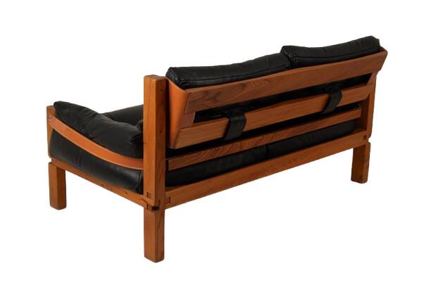 Pierre Chapo. S22 two-seater sofa, in elm and black leather. 1970