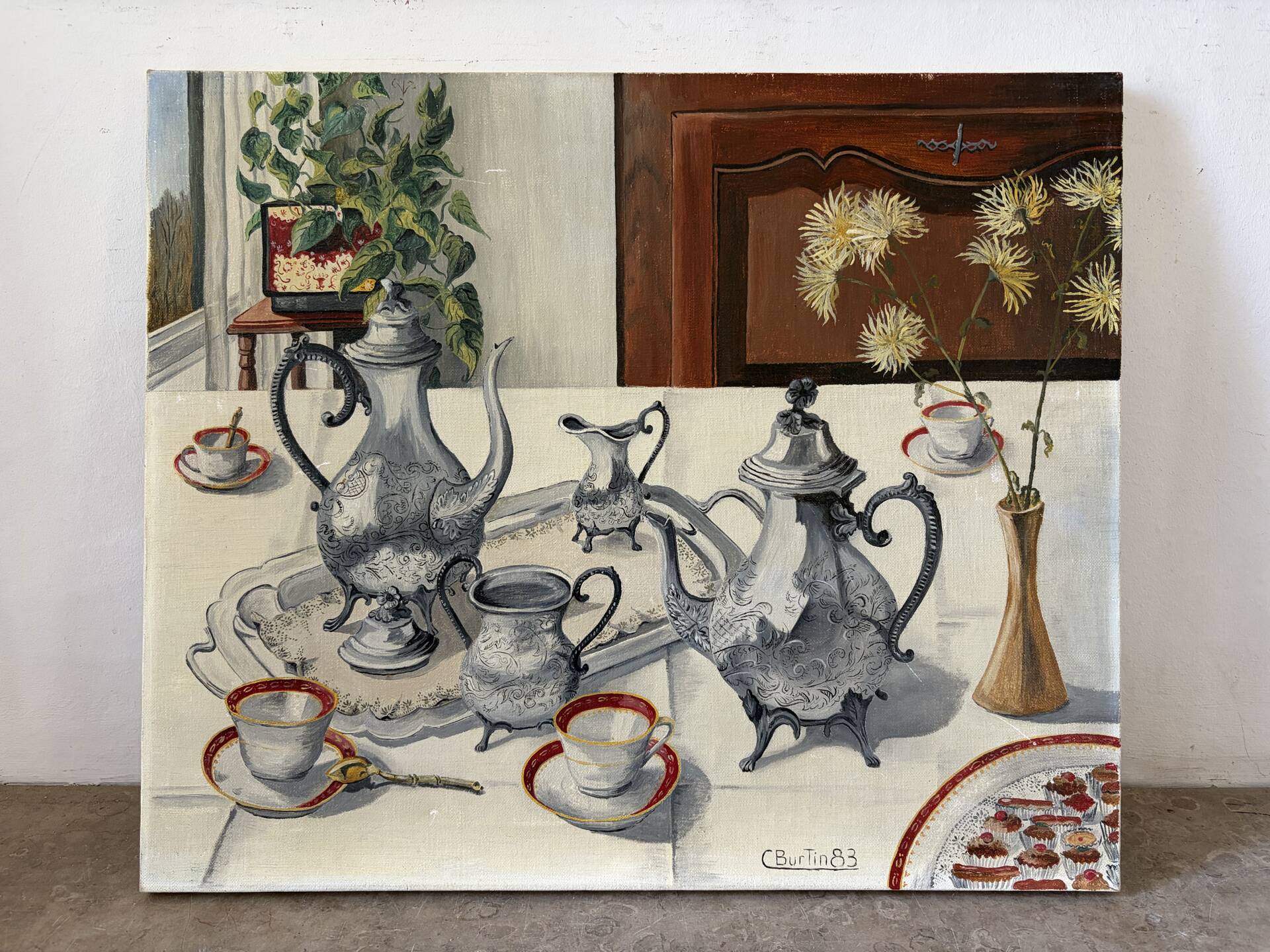 The silverware, still life, oil on canvas signed Burton 1983.