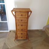 Semainier 6 tiroirs en bois, bambou et rotin tressé, années 60