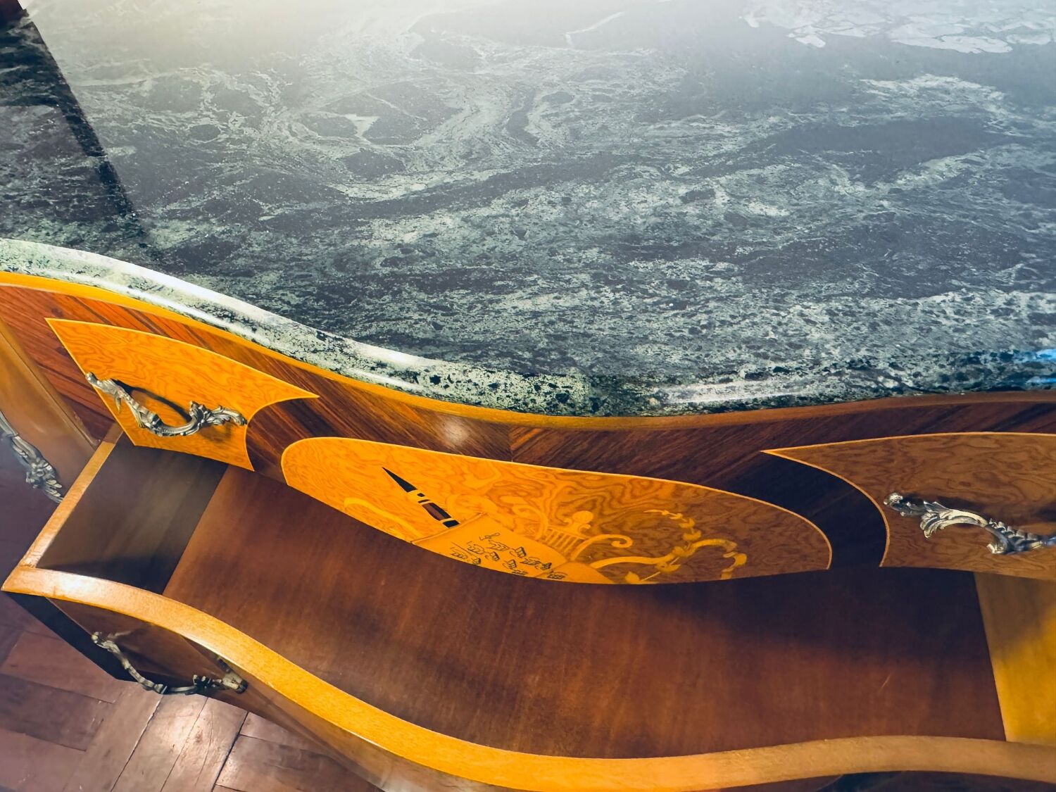 Exquisite Louis XV Style Bombé Commode with Musical Marquetry & Marble