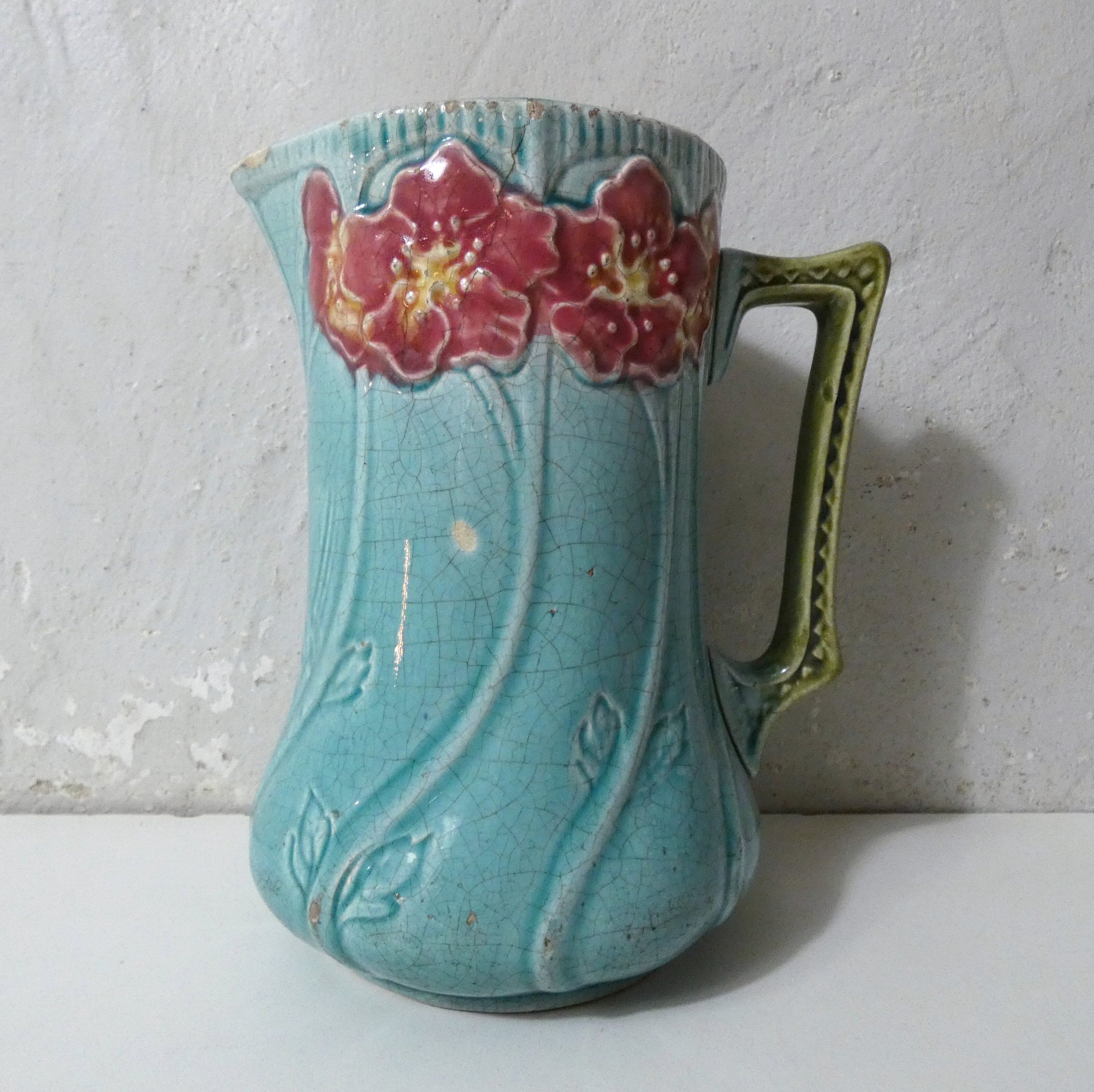 Antique Art Deco turquoise flowered slipware jug vase