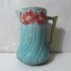 Antique Art Deco turquoise flowered slipware jug vase