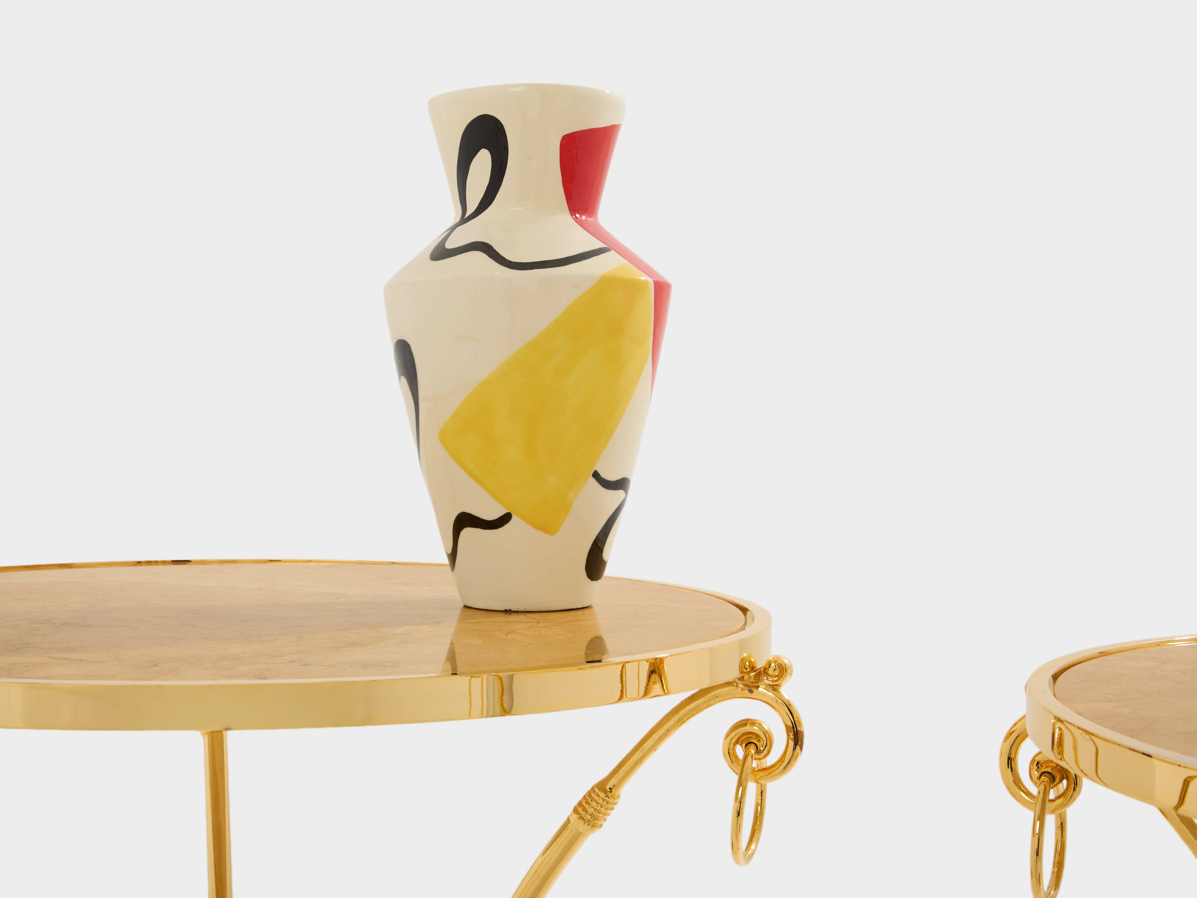 Set of 4 neoclassical side tables in brass and marble by Maison Charles, 1960.