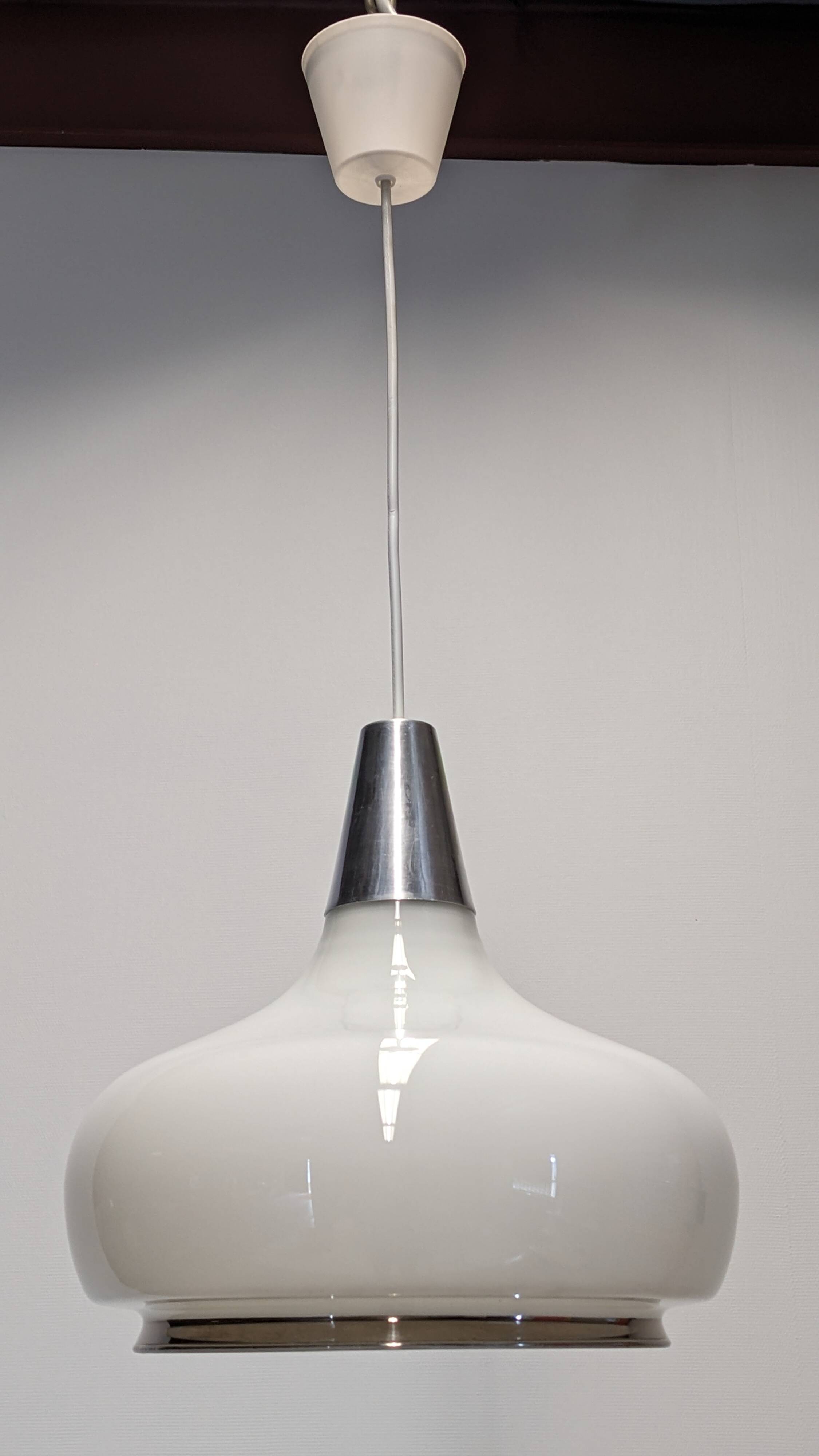 Water drop pendant light Space age in white opaline, France circa 1970.