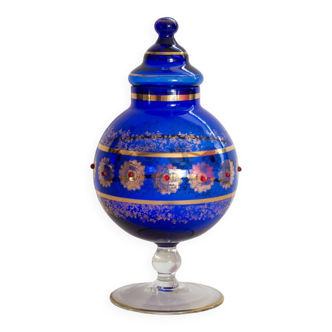 Bonbonnière en verre bleu et dorure or