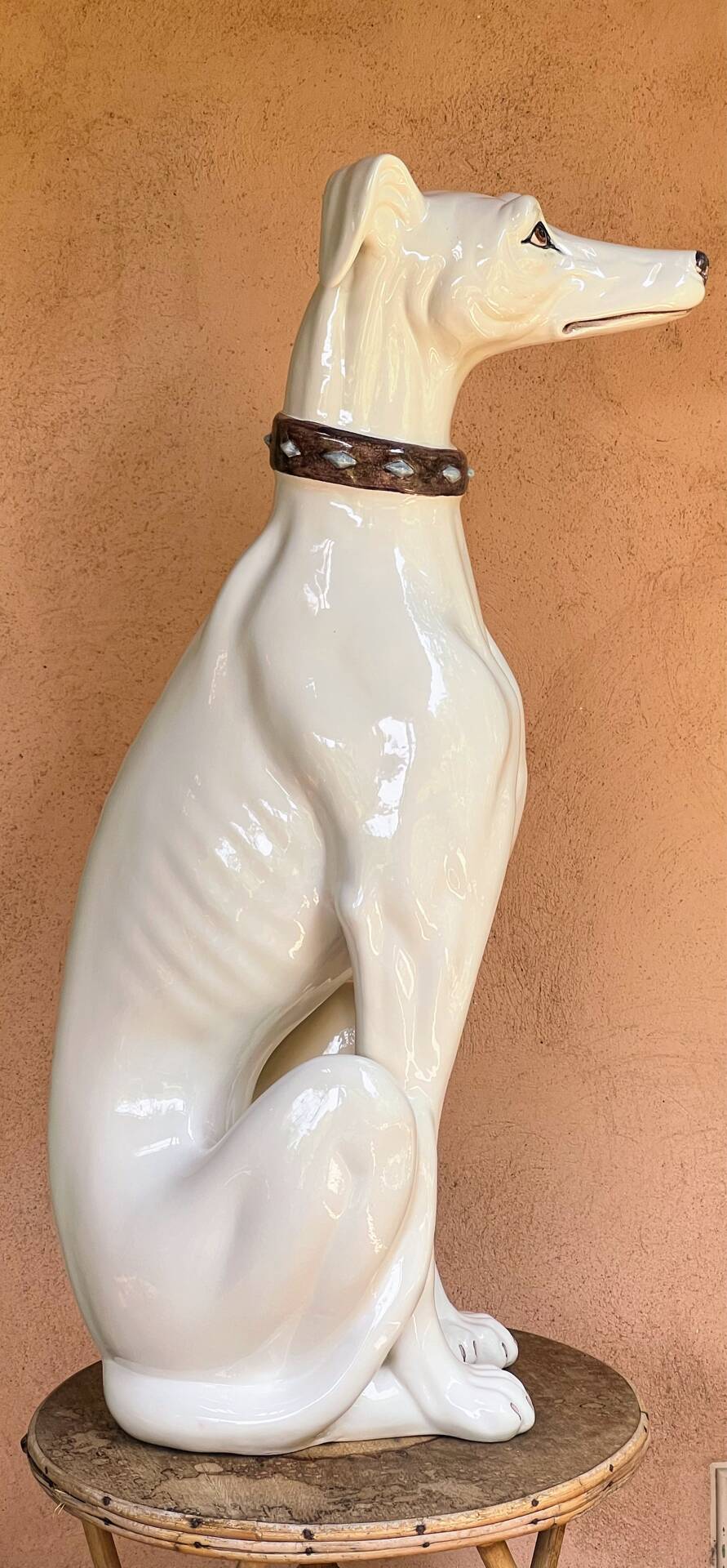 Large white glazed ceramic greyhound – signed – 92 cm