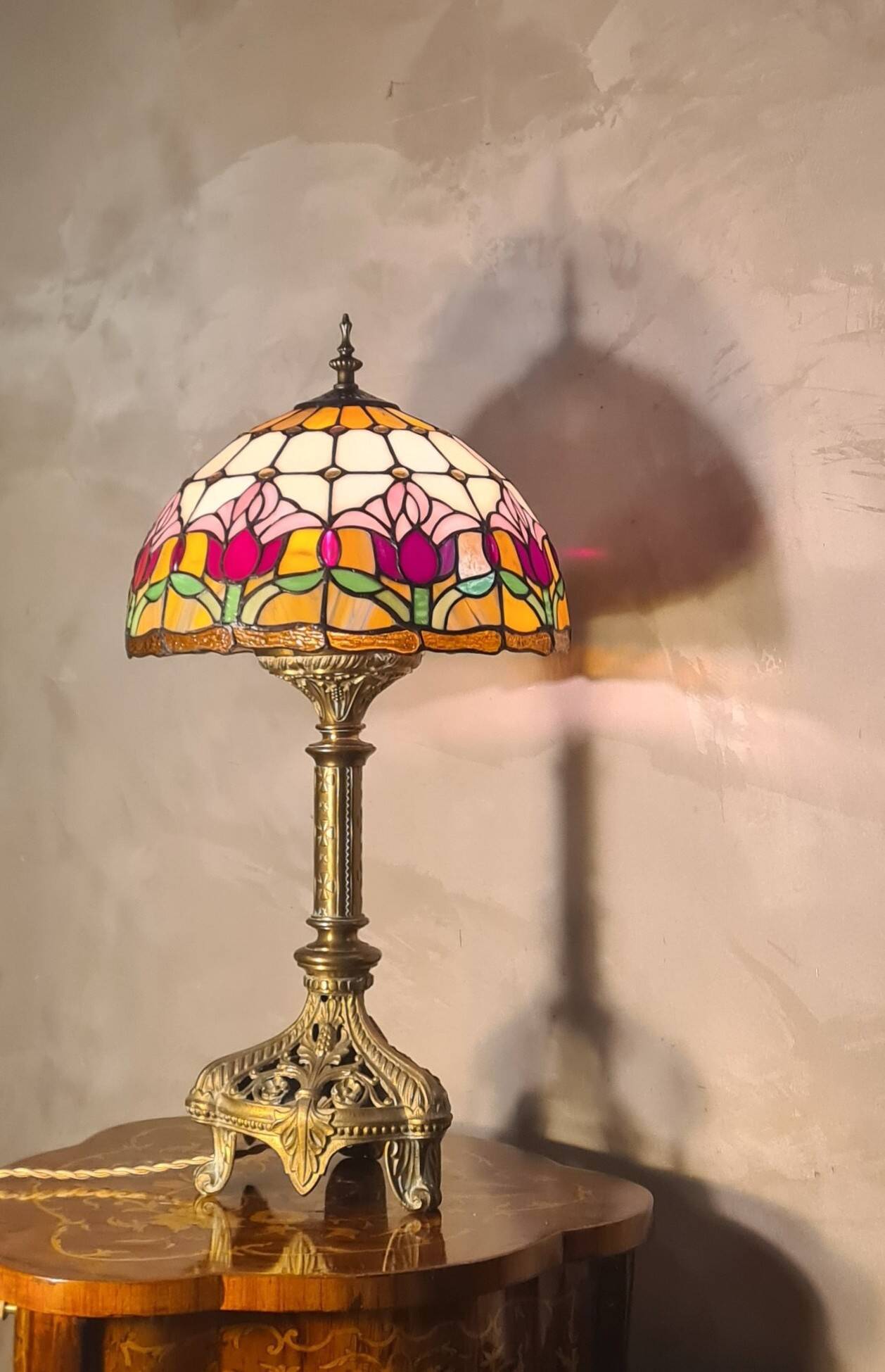 restored antique Art Nouveau bronze lamp, stained glass lampshade in Tiffany style