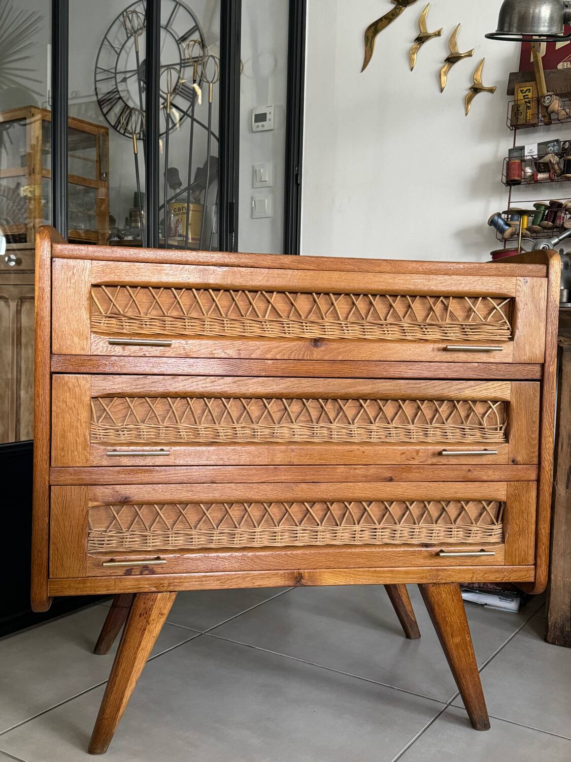 Old vintage wooden and rattan chest of drawers