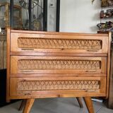 Old vintage wooden and rattan chest of drawers